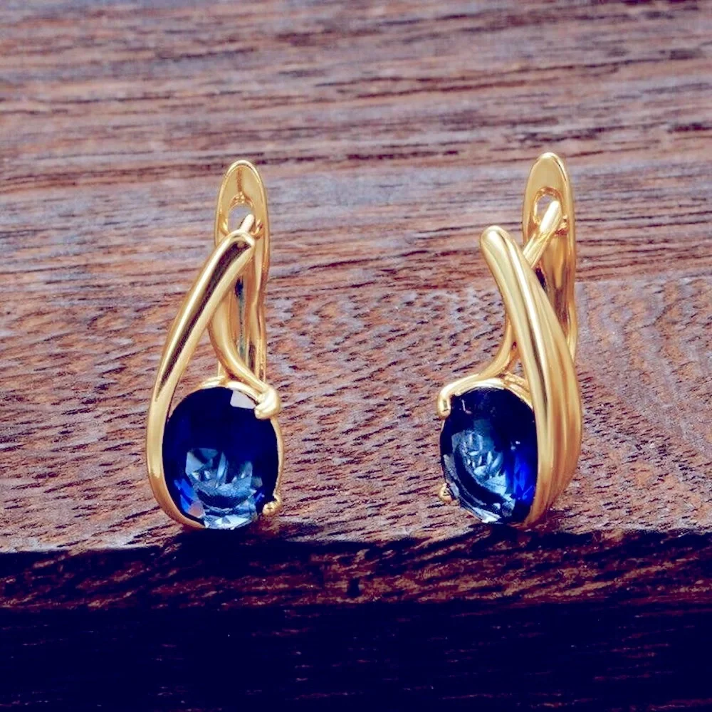 New 18k Gold Over Silver Blue Sapphire Huggie/Studs - Picture 2 of 5